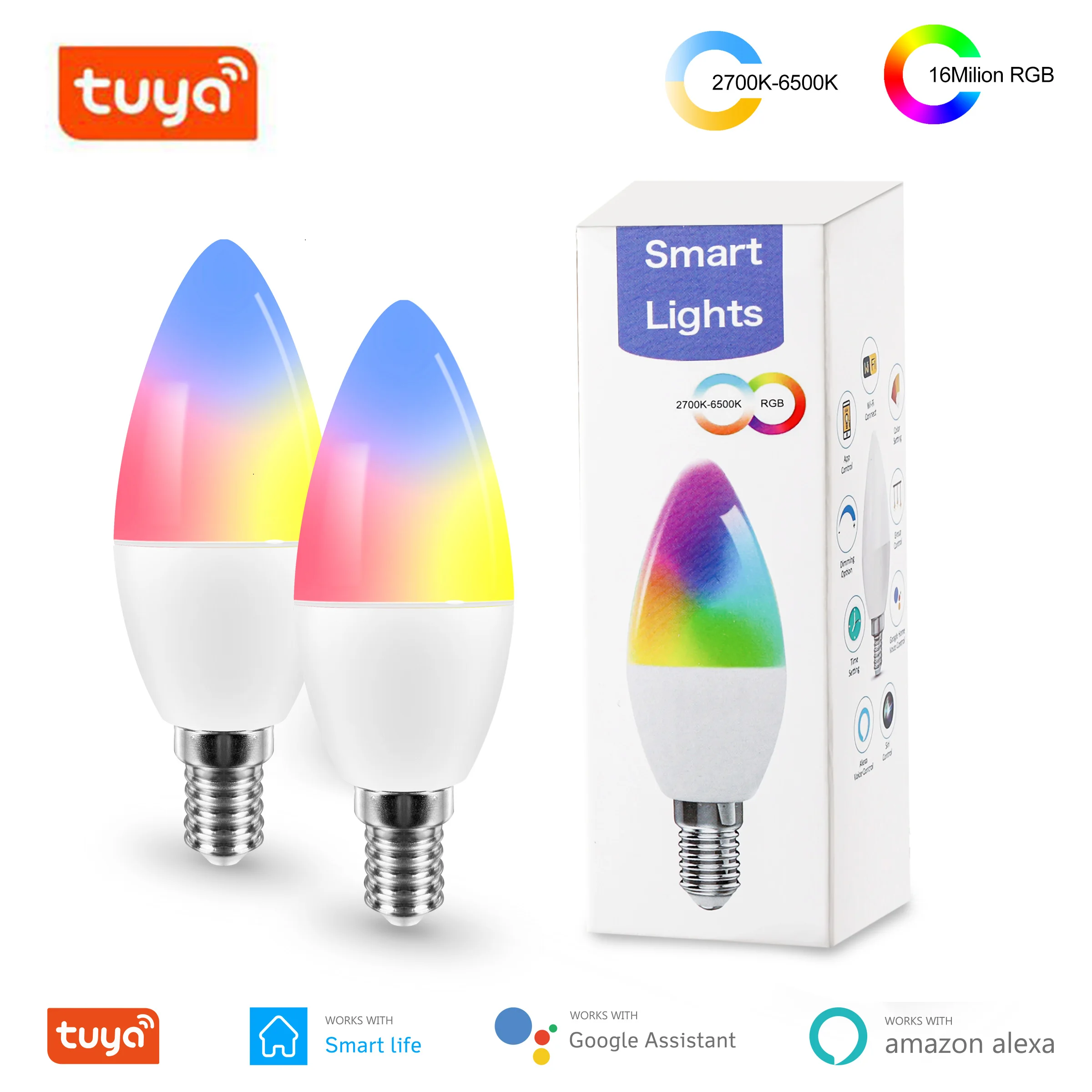 Умная Светодиодная лампа Tuya E14 RGB приглушасветильник в виде свечи работает с