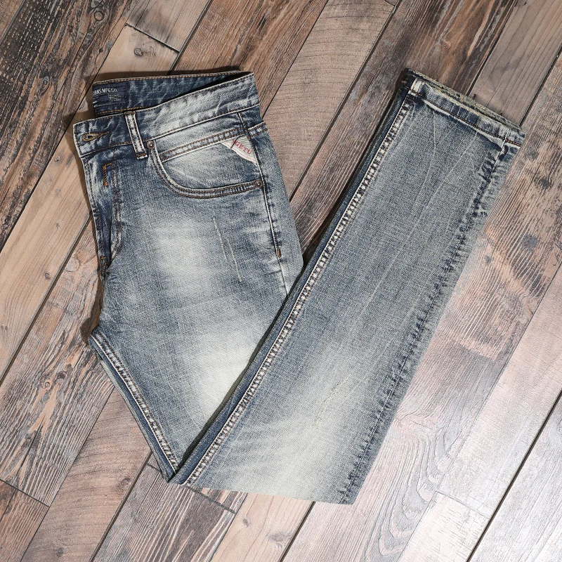 Autumn New Men's Vintage Jeans Slim Fit Straight Pants Distressed Cotton Denim Trousers