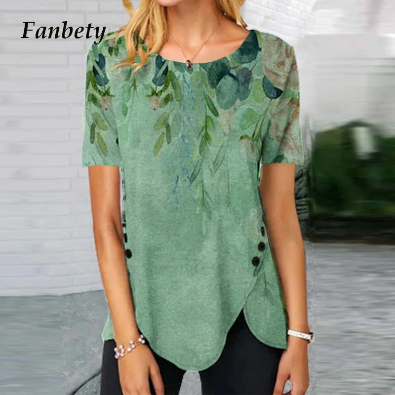 

Summer Casual O-Neck Button Irregular Blouse Women Shirts Spring Vintage Printed Loose Tops Female Short Sleeve Harajuku Blusa