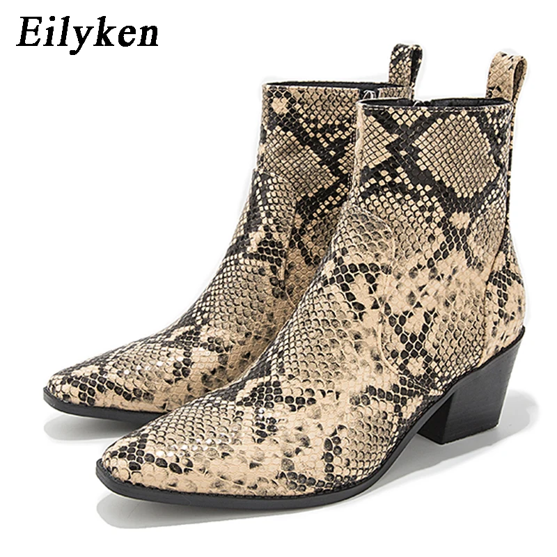 Eilyken г. Новые зимние женские сапоги с круглым носком и змеиным принтом модные сапоги для вечеринок сапоги для верховой езды, большие размеры 36-43