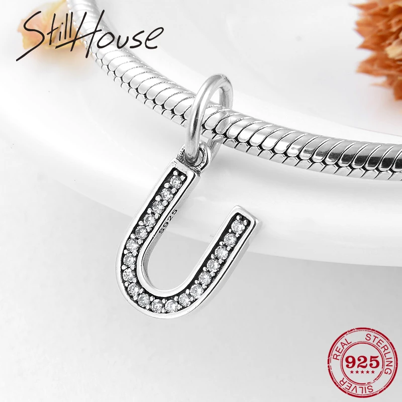 Подлинная серебряная буква 925 пробы U Хрустальная подвеска из бисера подходит к