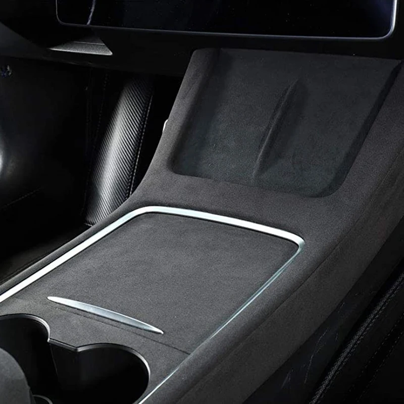 

for Tesla Model 3 Y 2021 Suede Leather Car Center Console Phone Wireless Charging Panel Cup Holder Cover Trim Sticker