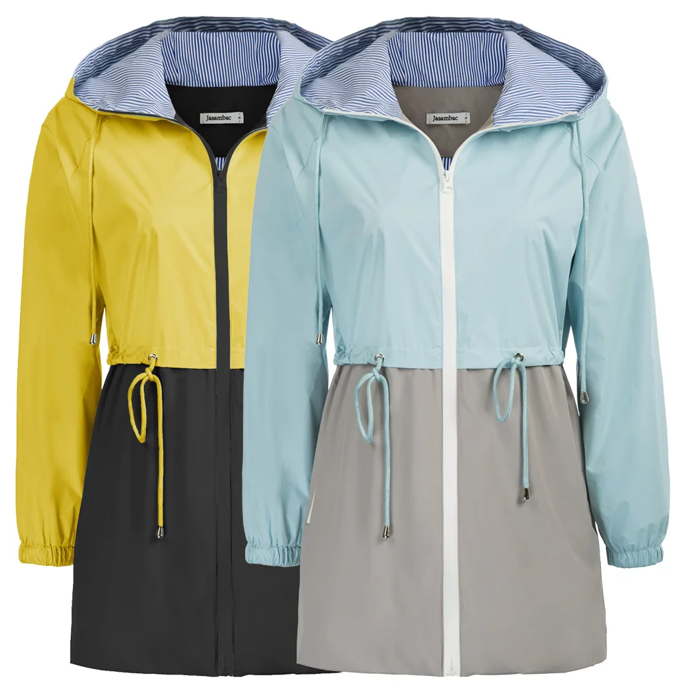 

Spring Autumn Jackets Women Contrast Color Rain Jacket Drawstring Waist Zip-up Hooded Coat Waterproof Long Coats Pockets 2020