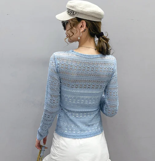 

Sexy V-neck Long-sleeve Lace bottoming shirt Autumn Spring Women clothes New Hollow out Tops Crochet White Women Blouse