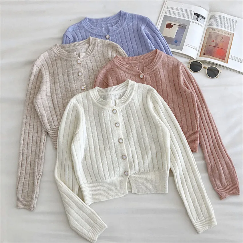 Korean Fashion Chic Solid Elegant Sweater Cardigan Women O-Neck Knitted Coat Short Outwear Cropped |