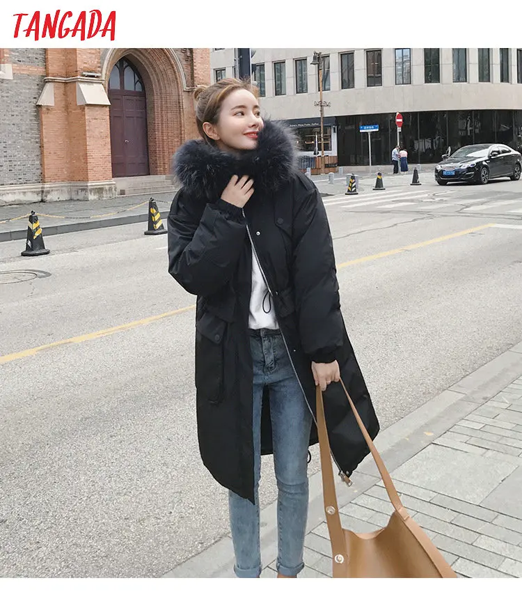 Tangada зимнее женское черное пальто с хлопковой подкладкой размера плюс 2XL длинная парка с меховым воротником пальто с капюшоном теплая верхняя одежда AMK11