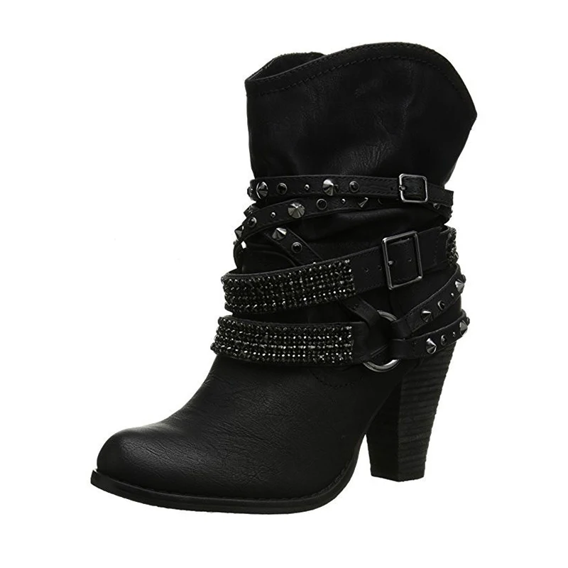 

2021 Winter Women High Heel Boots New Chunky Heels Belt Buckle Ladies Shoes Retro Rivet Round Toe Platform Ankle Boots Plus Size