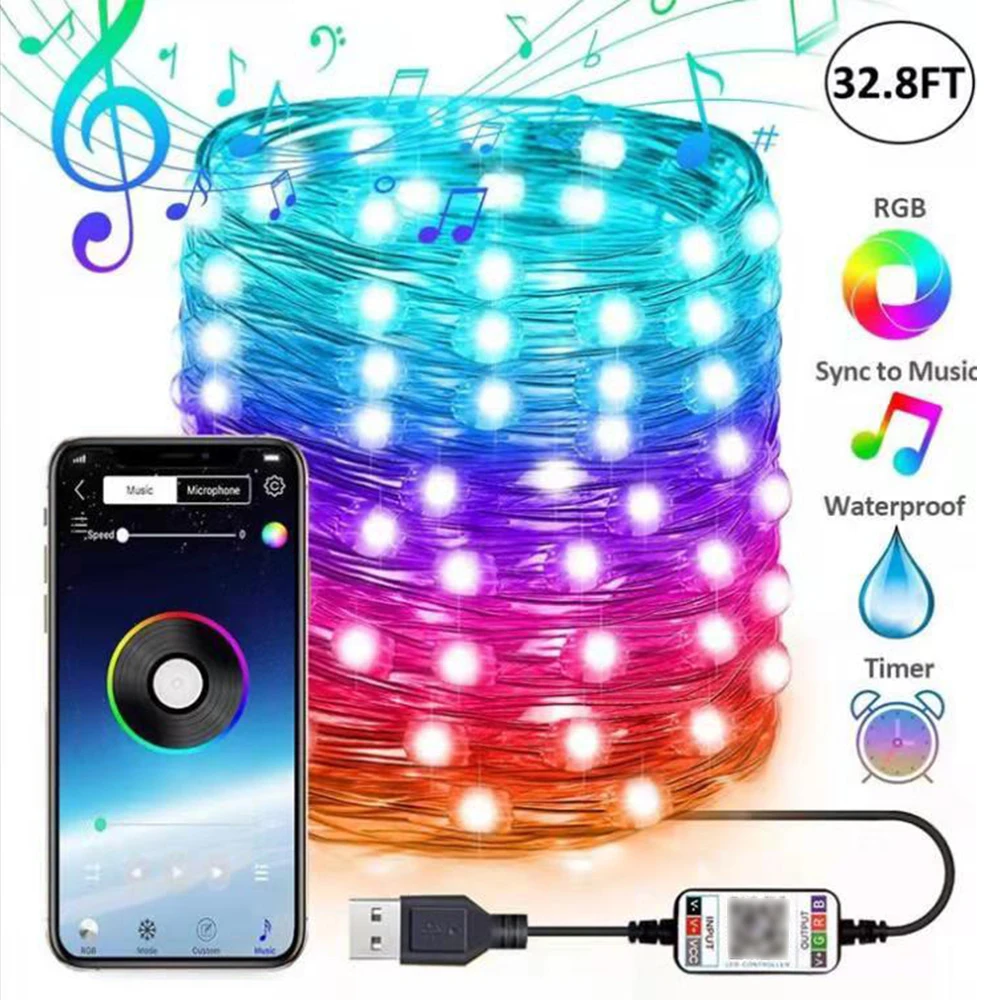 

USB LED String Light Bluetooth App Control Copper Wire String Lamp Waterproof Outdoor Fairy Lights for Christmas Tree Decoration