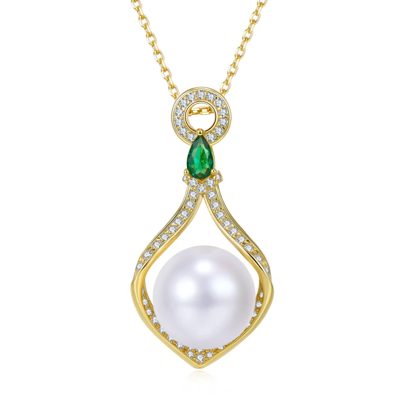 

KATAOKA Natural Freshwater Pearl Choker Necklace 925 Silver Gold Chain Green CZ Jewelry for Women Wedding Party Gift 2021 Trend
