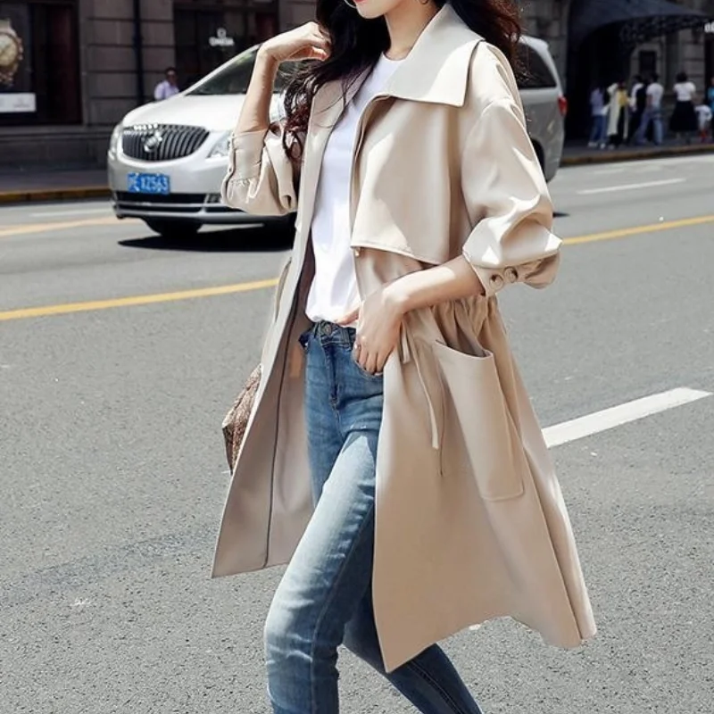 

Women Trench Long Coat 2021 Autumn New Solid Color Fashion Casual Ladies Windbreaker Korean British Style Trench Coats Outerwear
