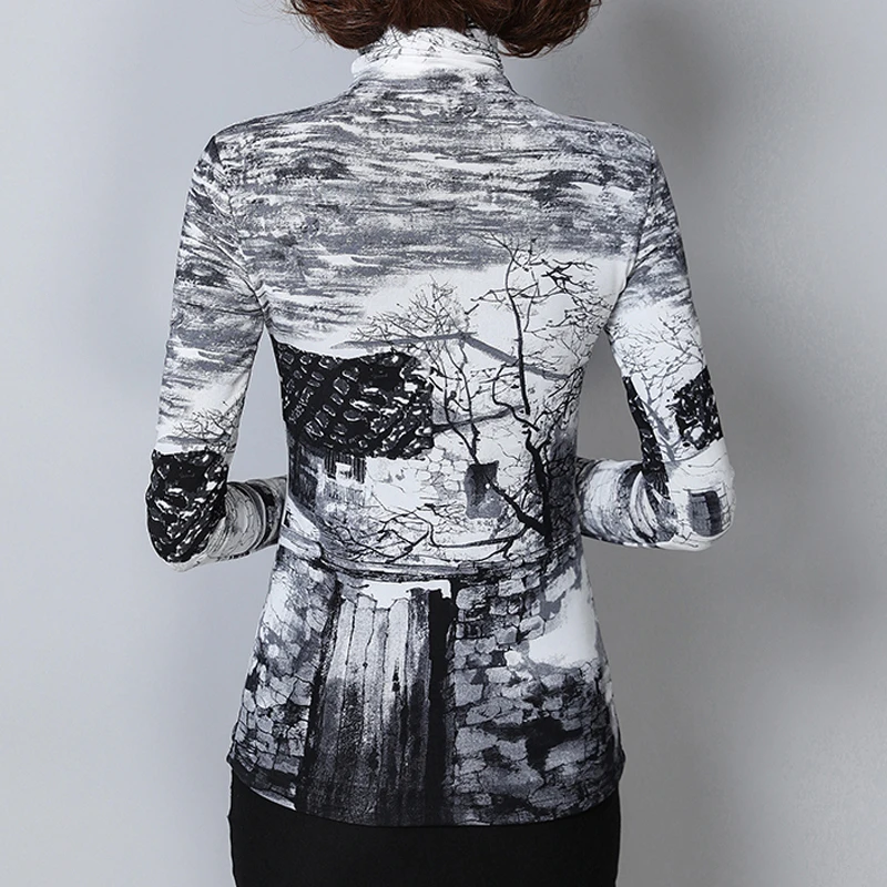 Блузка женская зимняя с высоким воротником и принтом батальных размеров 6XL|blusas