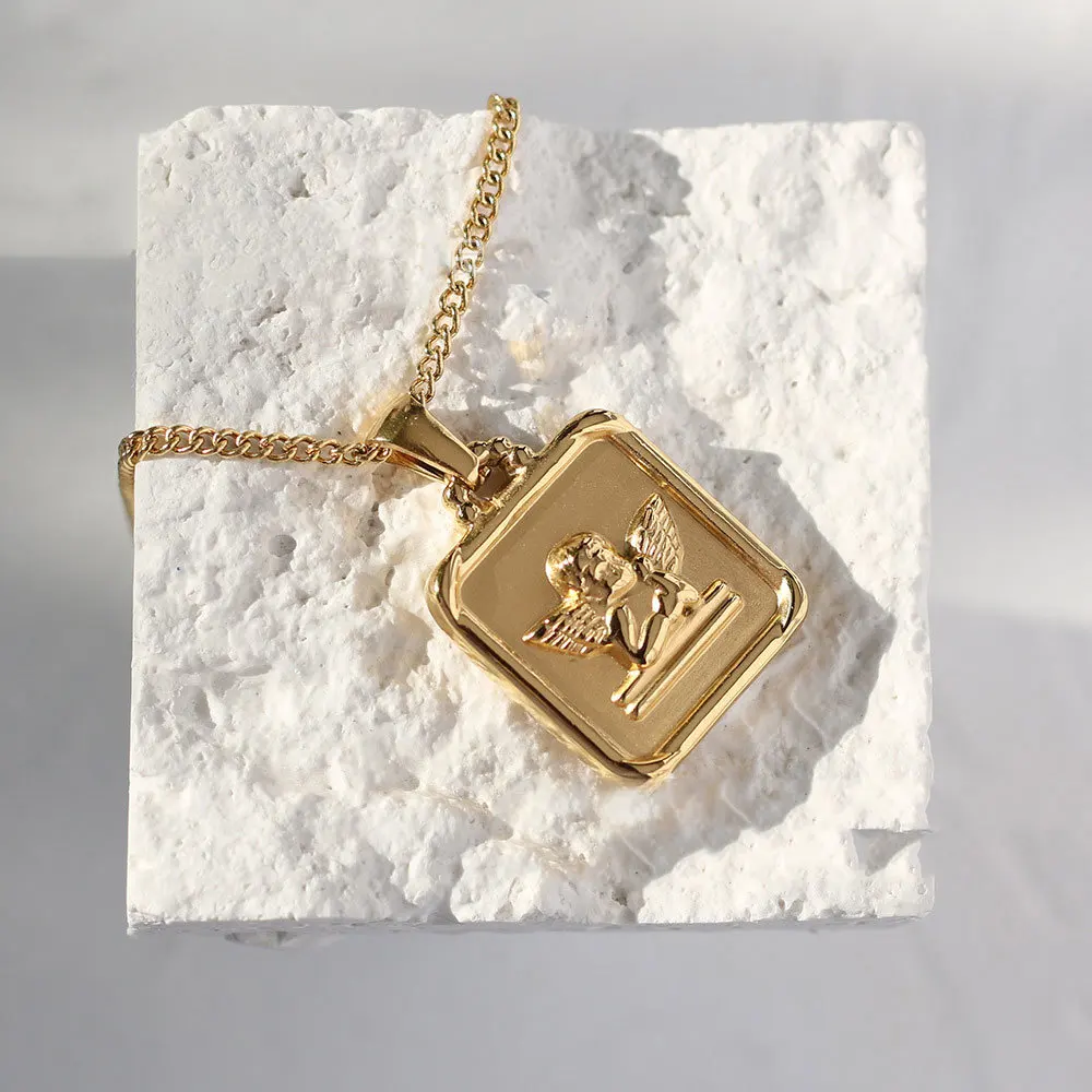 

Stainless Steel Angel Thinking Necklace Long Chain Plated Gold Geometric On Neck Gift For Women Punk Fashion Accessories Jewelry