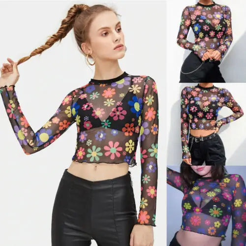 Новая модная блузка в стиле бохо женский прозрачный сетчатый укороченный топ с