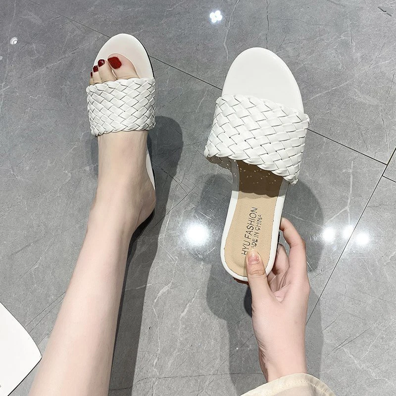 

Weaving Summer Slippers Women 2021 Soft Casual Flats Leather Slides Home Black White Slippers Ladies Shoes Plus Size 35-42