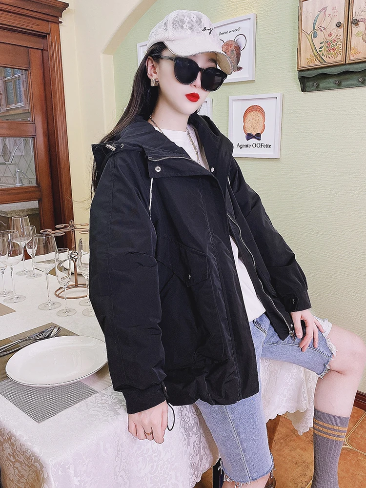 

Workwear Coat Women's Loose Mid-Length Windbreaker 2021 New Spring Korean Style Hooded Large Pocket Casual Top Fashion Jacket