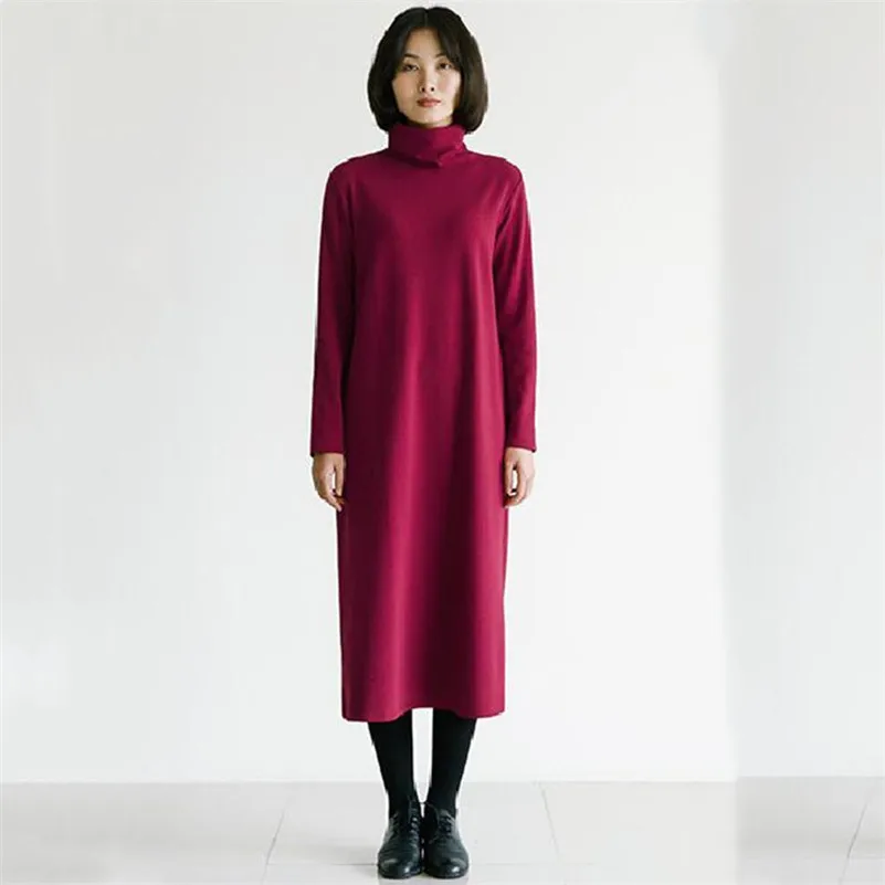 

Женское Хлопковое платье с высоким воротником, повседневное однотонное длинное прямое платье с длинным рукавом, Осень-зима