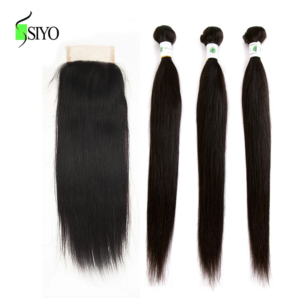 

Siyo перуанские прямые пучки волос с застежкой 100% человеческие волосы 3 пряди с кружевной застежкой 4x4 дюйма бесплатная часть не Реми