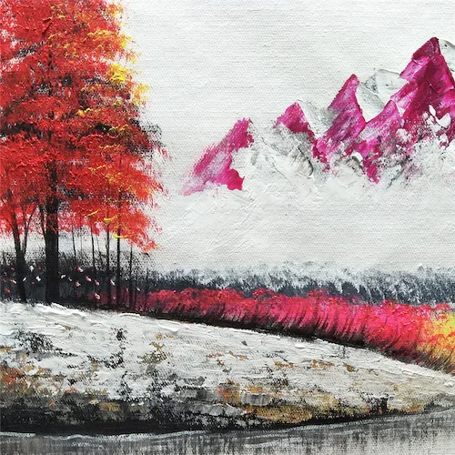 

ORIGINAL Modern Hand Painted Abstract Red Leaves Tree Beside The River