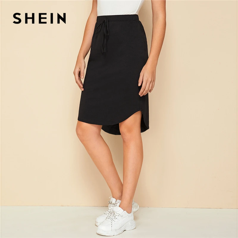SHEIN черная Однотонная юбка с завязками спереди и высоким низким подолом Женская юбка Осенняя Женская Асимметричная Повседневная юбка длиной до колена