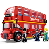sluban 0708 london double decker red tour bus school mini car model building blocks kids diy brick toys classic vehicle