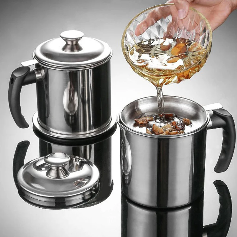 

1.3L Stainless Steel Oil Filter Pot Filter Cup Household Filter Residue Grid Oil Storage Tank With Lid Kitchen Accessories