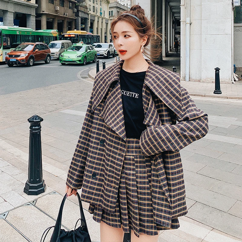 Two Piece Set Women Slim Plaid Blazer Suit Jacket Coat High Waist Mini Pleated Skirts Elegant Korean Outfits Spring Autumn
