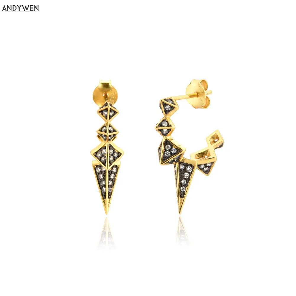 

Andywen 100% 925 Sterling Silver Long Spike Black Enamel White Zircon 2020 Rock Punk Fashion Hoops Circle Earring Piercing Jewel