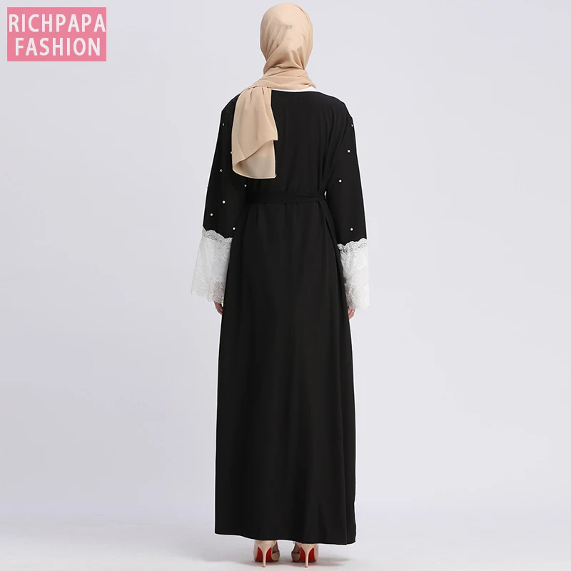 Черная абайя Дубай Кафтан Кружева жемчуг мусульманский хиджаб платье Abayas для