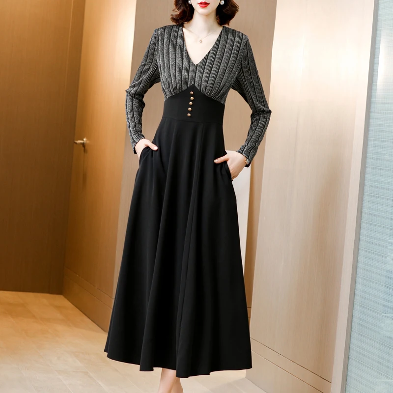 

Plus Size 4XL Women Vintage Striped Patchwork Autumn Sexy V-Neck Dresses Full Sleeve Mom's Elegant Party Dress Spring Dress 2021