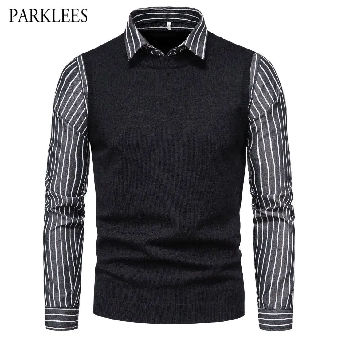 

Британский вязаный свитер для мужчин, имитация двух частей, рубашка с воротником, мужские трикотажные пуловеры, повседневные облегающие св...