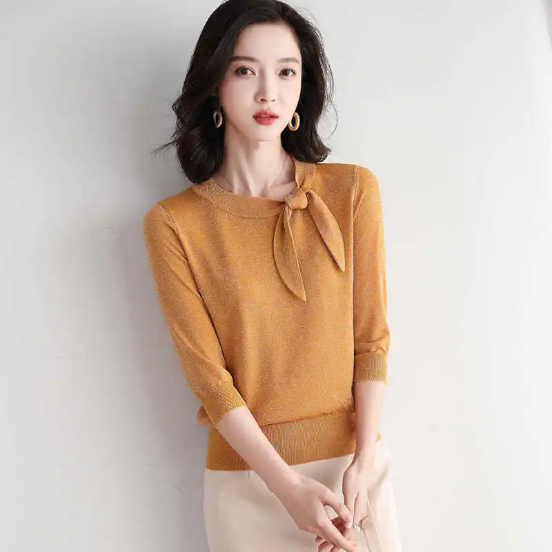 

2021 Spring and Autumn Ice Silk Sweater Women's Pullover Loose Thin Korean Style Bow Short Slim Knitted Blouse harajuku sweater