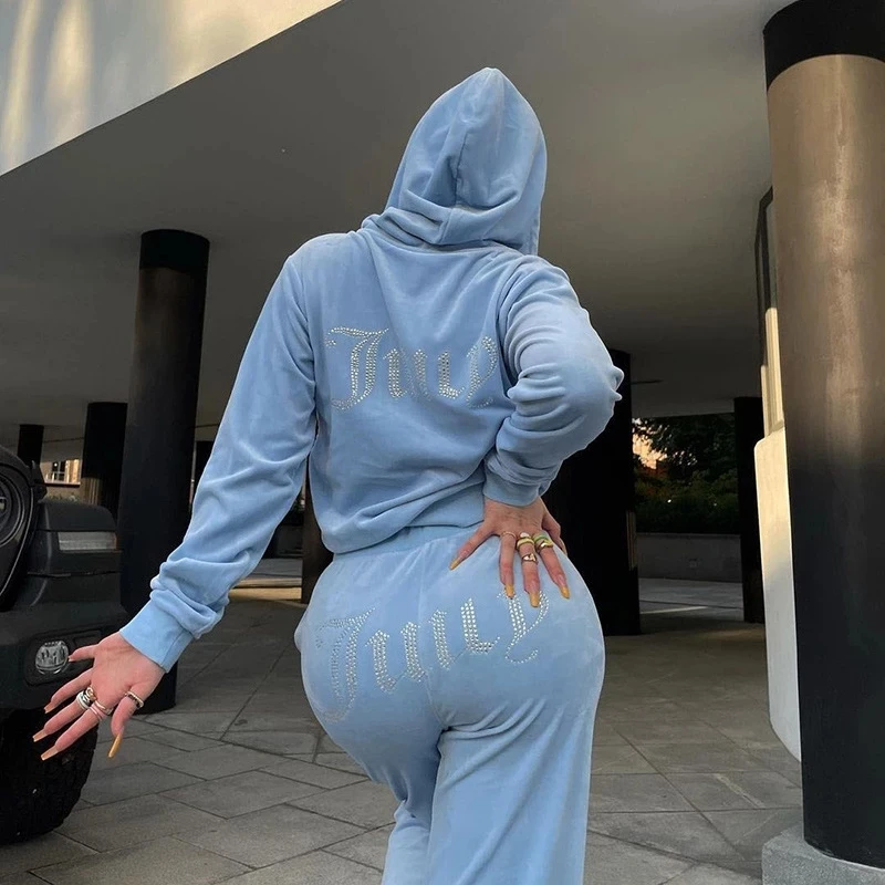 

Велюровый комплект из двух предметов, толстовка с капюшоном со стразами, кофта на молнии + брюки, Бархатный спортивный костюм, наряды, уличны...