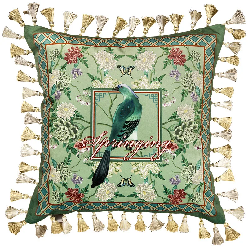 Tassel Accent Pillow Case Bird Flower Print Cushion Cover Decorative Pillowcase Home Bed Living Room Gift 45x45cm 18 Inch Green
