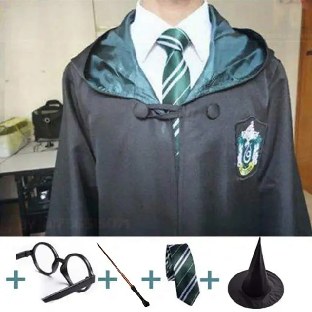 Slytherin full Set Костюм для косплея костюмы робы Поттера плащ-накидка с галстуком шарф Ravenclaw/Gryffindor/Hufflepuff/Slytherin детский подарок на день рождения - Цвет: Slytherin full Set