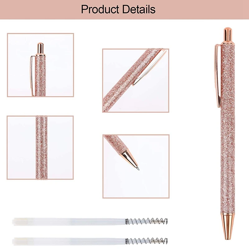 

6 PCS Glitter Ballpoint Pens Rose Gold Click Ballpoint Pen Metal Glitter Pen Retractable Black Ink Medium Point Pens