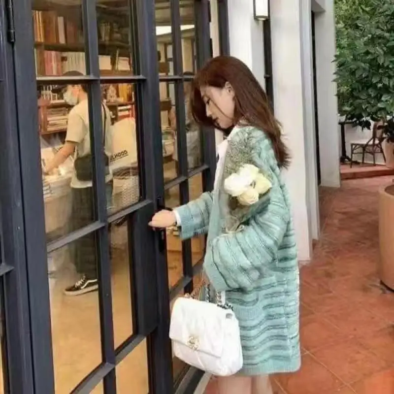 

Early Spring Gentle Wind Blue Loose Knit Cardigan Sweater Coat Medium Long New Women's Spring and Autumn