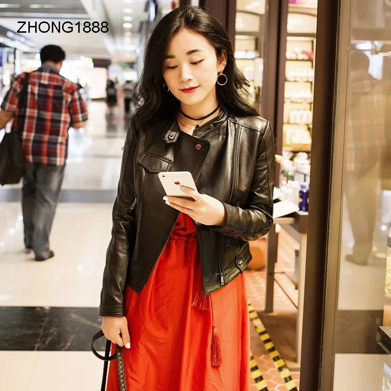 

Женское кожаное пальто с высокой талией, весеннее пальто из овечьей кожи, женская маленькая кожаная куртка