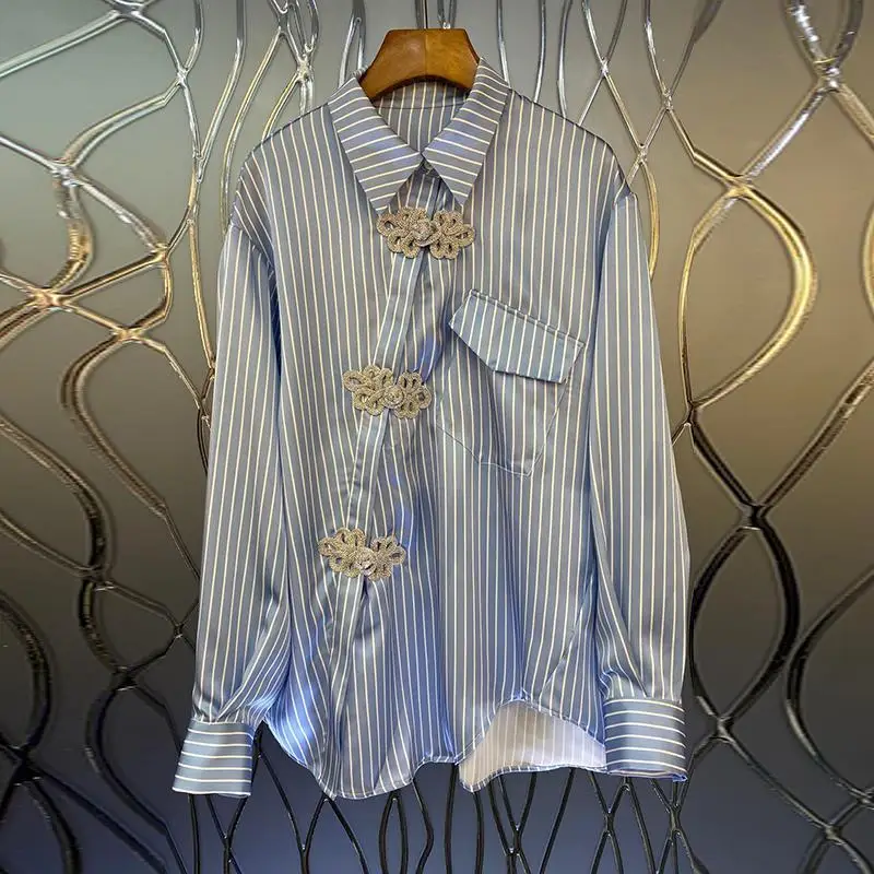 

VANOVICH Retro Irregular Pocket Striped Shirt 2022 Spring and Autumn Turn-down Collar Fashion Button Up Shirt