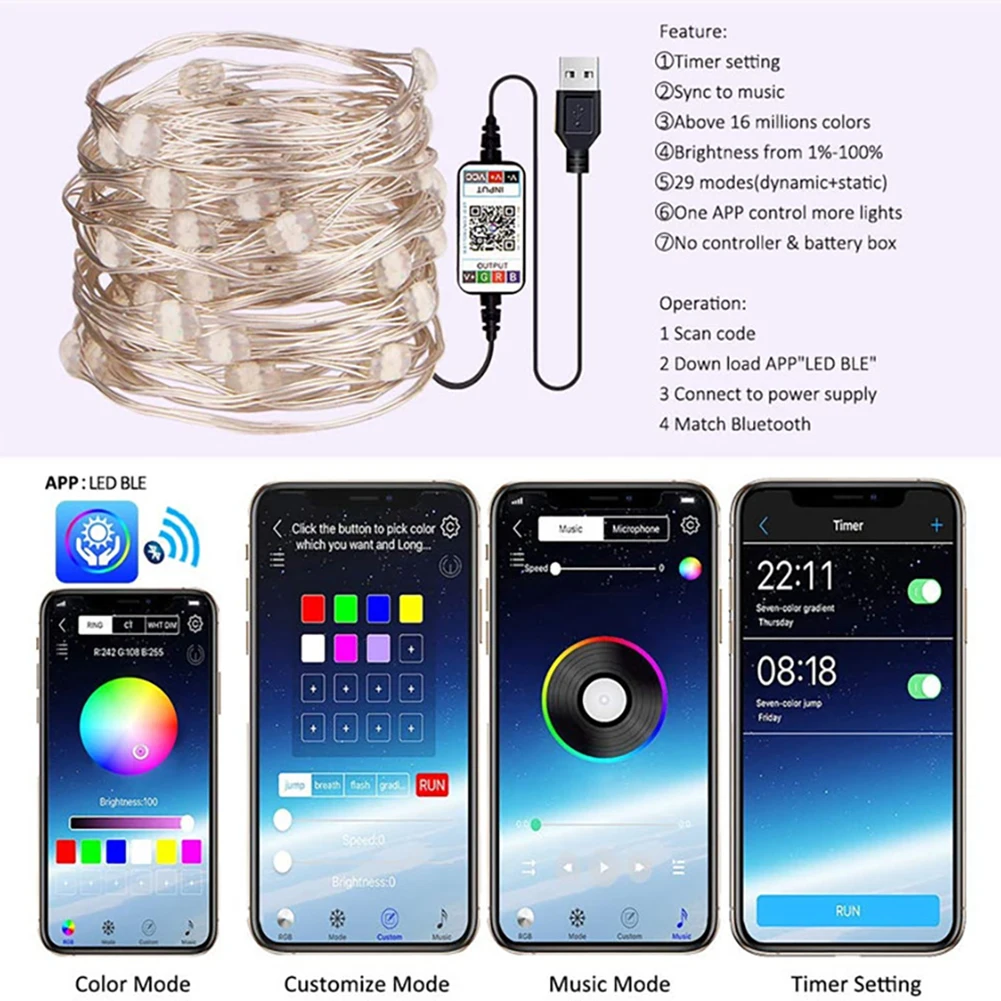 

LED Colorful Lights Waterproof Curtain Lamp bluetooth mobile Control USB String Light Indoor Xmas Decoration Home Outdoor
