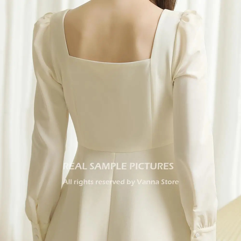 Soft Satin Wedding Bridesmaid Gown Long Sleeve Bridal Shower Engagement Pictures Tea Length Cheap 2020 Bridal Dresses #808CX