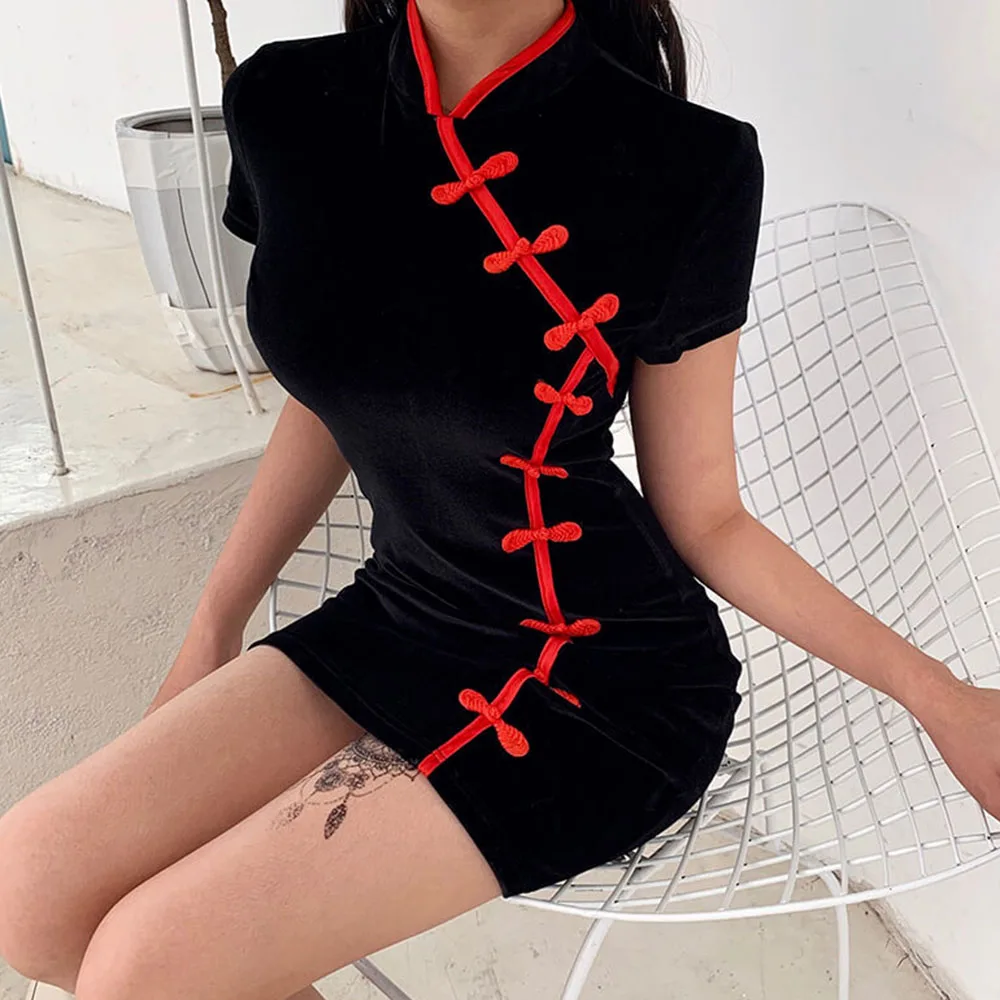 Облегающее черное платье Cheongsam с коротким рукавом сексуальное женское