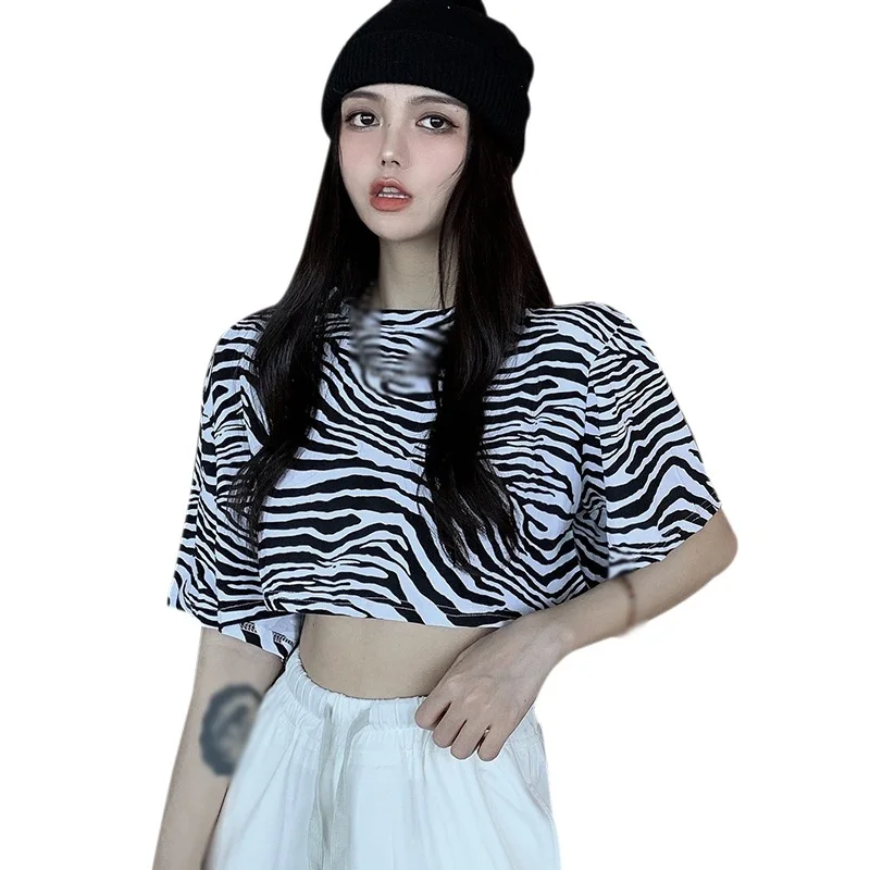 

Summer Korean Style Tee Top Net Red Retro Zebra Stripe Print Round Neck Short Style Short-Sleeve T-shirt