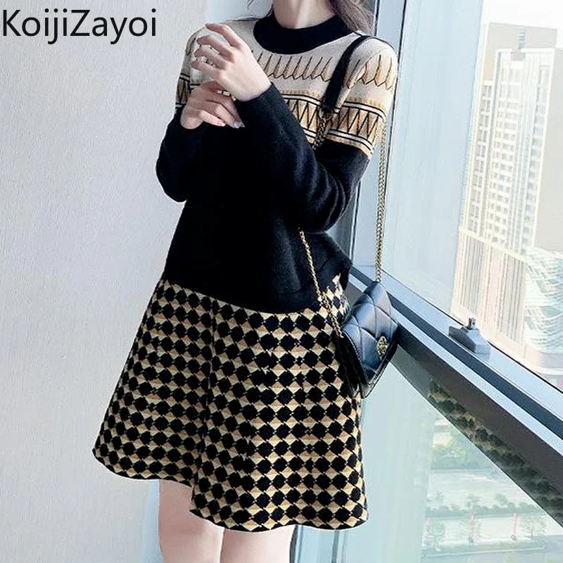 

Модное женское платье-свитер Koijizayoi с длинными рукавами, элегантное осенне-зимнее плотное теплое платье в стиле пэчворк, женские шикарные пл...