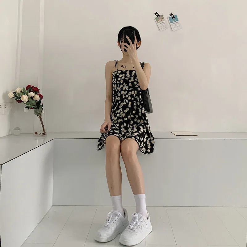 

Summer Floral Dress Women Korean Fashion Black Cute Slip Dress Cottagecore Sweet Beach Holiday Sundress Chic Harajuku Streetwear