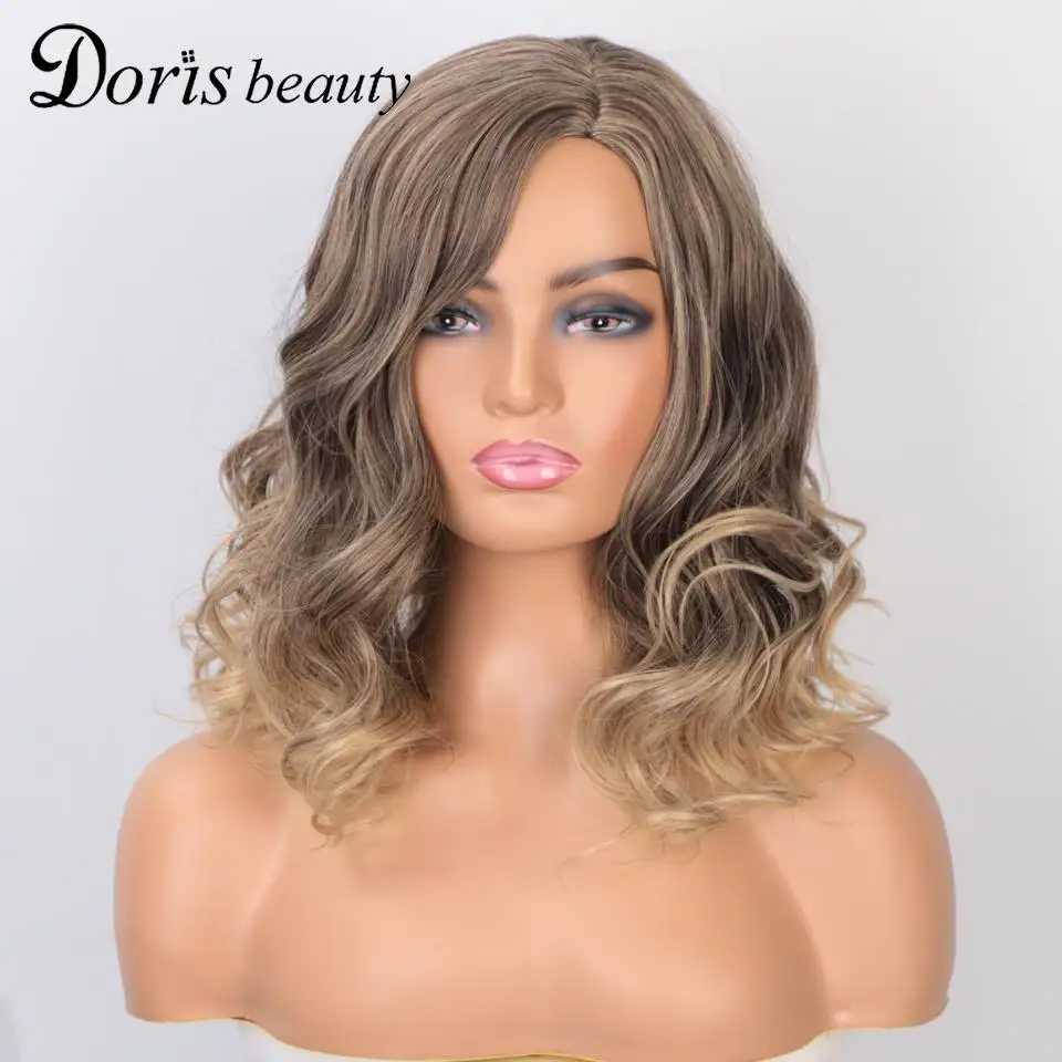 

Doris Beauty Highlight Ombre Water Wave Synthetic Wigs for Women Short Blonde Wavy Wig Cosplay Wig Glueless Brown Daily Wear