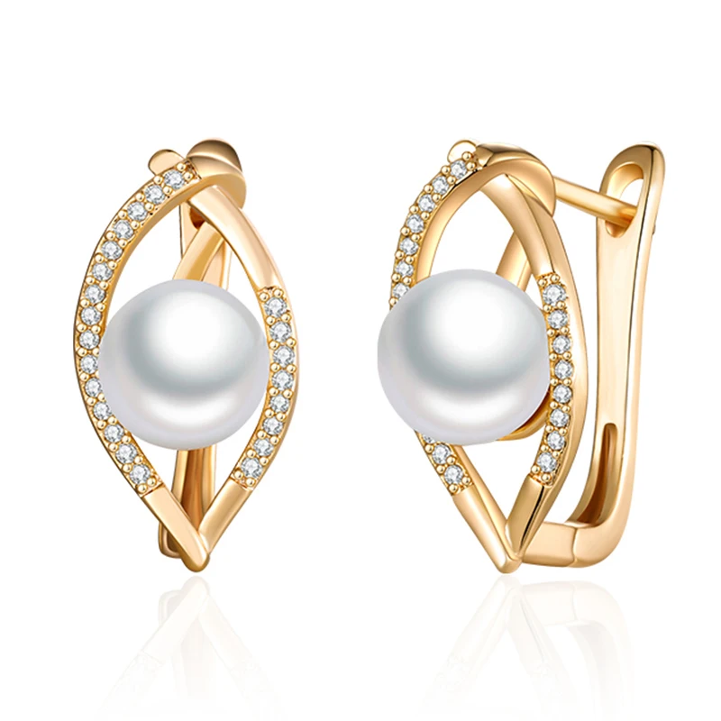 Геометрические золотые серьги гвоздики с жемчугом кубический цирконий