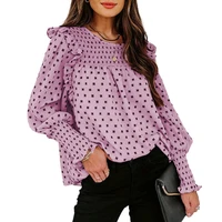 fashion printed top womens 2021 autumn and winter new round neck cable ruffled lantern sleeve chiffon shirt