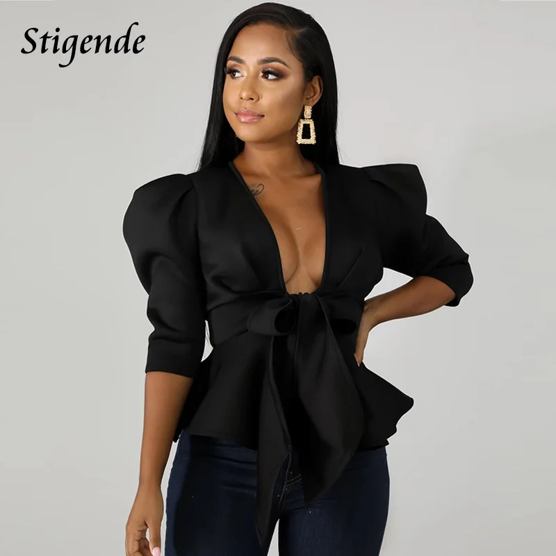 Stigende Half Sleeve Sexy Deep V Neck Bow Blouse Women Summer Casual Solid Color Ruffle Blouse Elegant Bandage Crop Blouse Top - Цвет: Черный