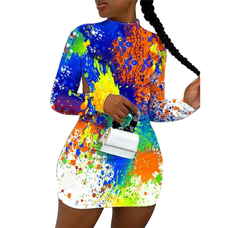 

New Arrival Dress Tie-dye Print Long Sleeve One-Piece for Women Sexy Dresses Party Night Club Dress 2020 Womens Clothing