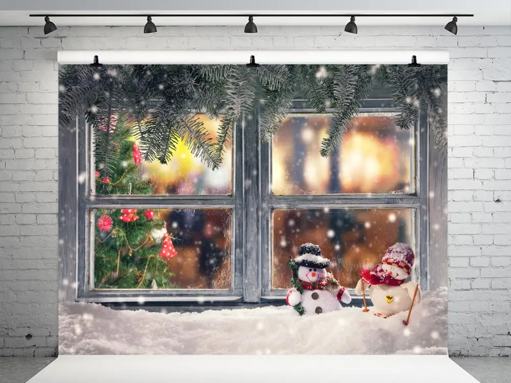 

VinylBDS Gray Christmas Backdrops photography ChristmasTree Window Snowman Photographie Background Photography Studio Background